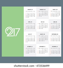Calendar 2017 vector template week starts Monday in white background. New year calendar template. vector illustration
