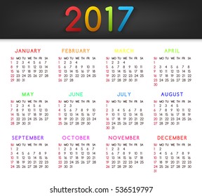 Calendar 2017 Vector. Week starts on Sunday. The annual calendar template All months January-March. In the flat style.