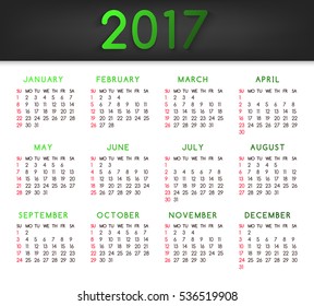 Calendar 2017 Vector. Week starts on Sunday. The annual calendar template All months January-March. In the flat style.