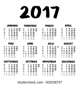 Calendar 2017. Very well arranged. Font - brush handwritten calligraphy. Color -black and grey. Vector - eps 10.