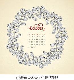 Calendar 2017. Vintage circle frame briar sketch template. Vector illustration for your design