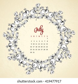 Calendar 2017. Vintage circle frame briar sketch template. Vector illustration for your design