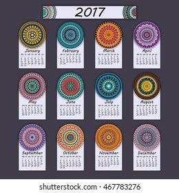 Calendar 2017. Vintage decorative colorful elements. Ornamental floral oriental pattern, vector illustration. Islam, Arabic, Indian, turkish, pakistan chinese ottoman motifs