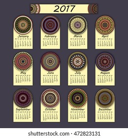 Calendar 2017. Vintage decorative colorful elements. Ornamental floral oriental pattern, vector illustration. Islam, Arabic, Indian, turkish, pakistan chinese ottoman motifs