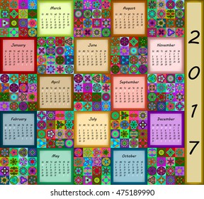 Calendar 2017. Vintage decorative colorful elements. Ornamental patchwork oriental pattern, vector illustration. Islam, Arabic, Indian, turkish, pakistan chinese ottoman motifs