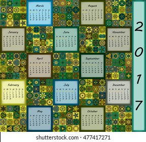 Calendar 2017. Vintage decorative colorful elements. Ornamental patchwork oriental pattern, vector illustration. Islam, Arabic, Indian, turkish, pakistan chinese ottoman motifs