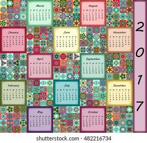 Calendar 2017. Vintage decorative colorful elements. Ornamental floral oriental pattern, vector illustration. Islam, Arabic, Indian, turkish, pakistan chinese ottoman motifs