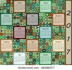 Calendar 2017. Vintage decorative colorful elements. Ornamental floral oriental pattern, vector illustration. Islam, Arabic, Indian, turkish, pakistan chinese ottoman motifs