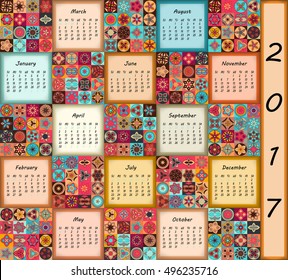 Calendar 2017. Vintage decorative colorful elements. Ornamental floral oriental pattern, vector illustration. Islam, Arabic, Indian, turkish, pakistan chinese ottoman motifs