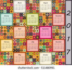 Calendar 2017. Vintage decorative colorful elements. Ornamental floral oriental pattern, vector illustration. Islam, Arabic, Indian, turkish, pakistan chinese ottoman motifs
