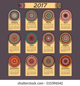 Calendar 2017. Vintage decorative colorful elements. Ornamental floral oriental pattern, vector illustration. Islam, Arabic, Indian, turkish, pakistan chinese ottoman motifs