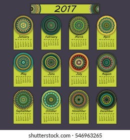 Calendar 2017. Vintage decorative colorful elements. Ornamental floral oriental pattern, vector illustration. Islam, Arabic, Indian, turkish, pakistan chinese ottoman motifs