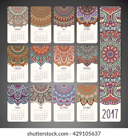 Calendar 2017. Vintage decorative elements. Oriental pattern, vector illustration.