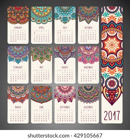 Calendar 2017. Vintage decorative elements. Oriental pattern, vector illustration. 