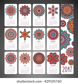 Calendar 2017. Vintage decorative elements. Oriental pattern, vector illustration. 
