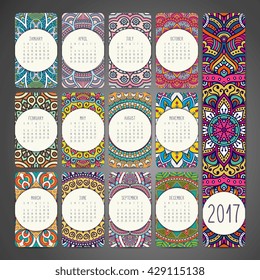 Calendar 2017. Vintage decorative elements. Oriental pattern, vector illustration. Islam, Arabic, Indian, turkish, pakistan, chinese, ottoman motifs