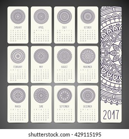 Calendar 2017. Vintage decorative elements. Oriental pattern, vector illustration. Islam, Arabic, Indian, turkish, pakistan, chinese, ottoman motifs