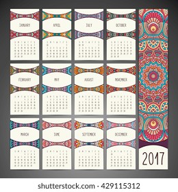 Calendar 2017. Vintage decorative elements. Oriental pattern, vector illustration. Islam, Arabic, Indian, turkish, pakistan, chinese, ottoman motifs