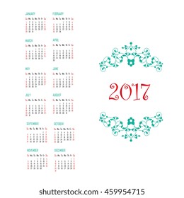 Calendar 2017. Vintage decorative elements. Oriental pattern, vector illustration.Floral decor, place for company logo. Week starts on sunday.