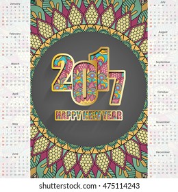 Calendar 2017. Vintage decorative elements. Mandala Oriental pattern, vector illustration. Islam, Arabic, Indian, turkish, pakistan, chinese, ottoman motifs Creative Typography. vector illustration