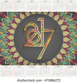 Calendar 2017. Vintage decorative elements. Oriental pattern, vector illustration. Mandala Calendar .