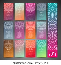 Calendar 2017. Vintage decorative elements. Oriental pattern, vector illustration.