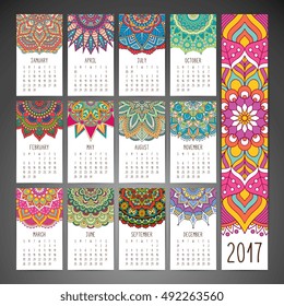 Calendar 2017. Vintage decorative elements. Oriental pattern, vector illustration.