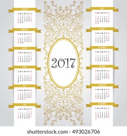 Calendar 2017. Vintage decorative elements. Oriental pattern, vector illustration.Floral decor, place for company logo. Week starts on sunday.