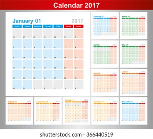 Calendar for 2017. Week Starts Monday. Vector.