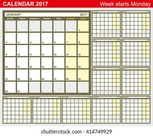 Calendar for 2017. Week Starts Monday. Vector.