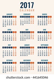 Calendar for 2017. Week Starts Monday. Simple Vector Template