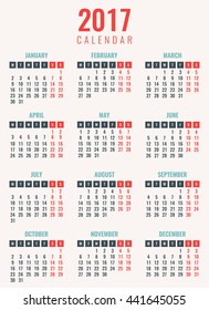 Calendar for 2017. Week Starts Monday. Simple Vector Template