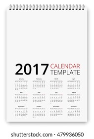 Calendar for 2017, week starts Monday. Vector template on white background