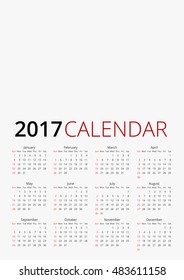Calendar for 2017, week starts Monday. Vector A4, A3 sizes template on white background