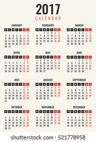 Calendar for 2017. Week Starts Monday. Simple Vector