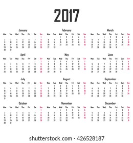 Calendar for 2017. Week starts on Monday. 