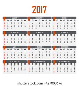 Calendar for 2017. Week starts on Sunday.