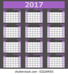 Calendar 2017 week starts on Sunday (purple tone), stock vector