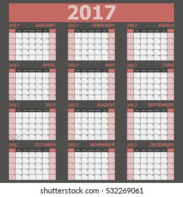 Calendar 2017 week starts on Sunday (red tone), stock vector