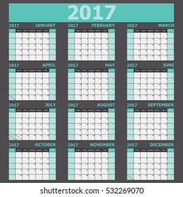 Calendar 2017 week starts on Sunday (green tone), stock vector