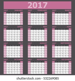 Calendar 2017 week starts on Sunday (pink tone), stock vector