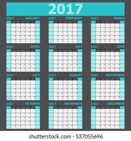 Calendar 2017 week starts on Sunday (light green tone), stock vector