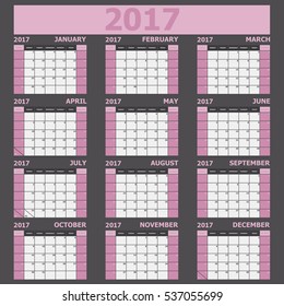 Calendar 2017 week starts on Sunday (light pink tone), stock vector