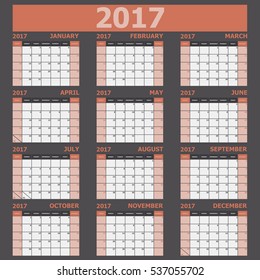Calendar 2017 week starts on Sunday (orange tone), stock vector