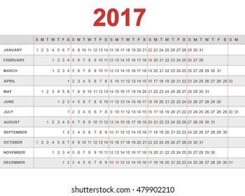 Calendar 2017. Week starts from sunday. Vector illustration.