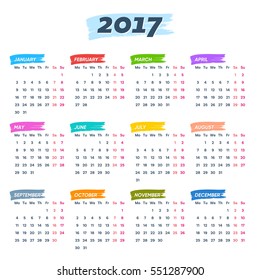 Calendar 2017 weeks start from monday