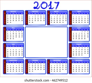 calendar 2017 - weeks start on sunday. Can be used for web and print design: card, banner, poster, label, bookmark.