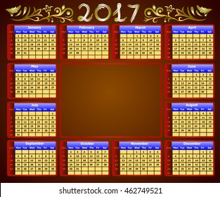 calendar 2017 - weeks start on sunday. Can be used for web and print design: card, banner, poster, label, bookmark.