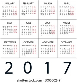 Calendar 2017 white Vector background. 