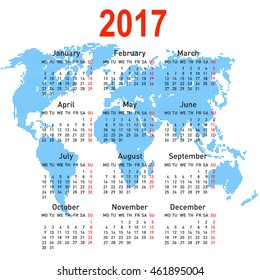 calendar 2017 with world map. Week starts on Monday